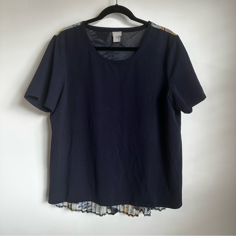 CHICO’S Top 3 Women’s XL navy Blue Mixed Media Pleated Back Short Sleeve T-shirt